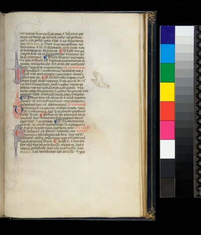 Ms 373. Pseudo-Cicerón, Rhetorica ad Herennium, y otras obras, f.50r. Iniciales adornadas con pluma y una decoración en el margen que representa a un monje descalzo arrodillado, c.1337 de Italian School