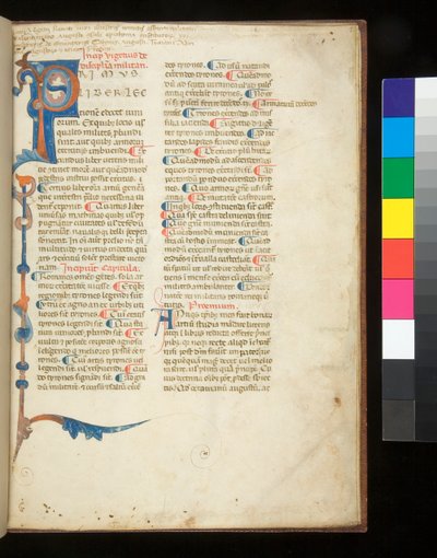 Ms 398. Vegecio, Epitoma rei militaris, f.1r. Inicial decorada [P] que se extiende para formar un borde parcial de bastones y acanto, Padua?, finales del siglo XIII de Italian School
