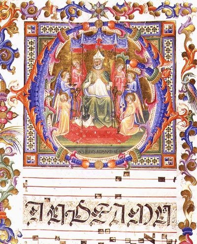 Ms 557 f.35v Inicial historiada "O" que representa a Aegidius (San Giles) (d.c.700) entronizado rodeado de ángeles, del "Messale di Sant