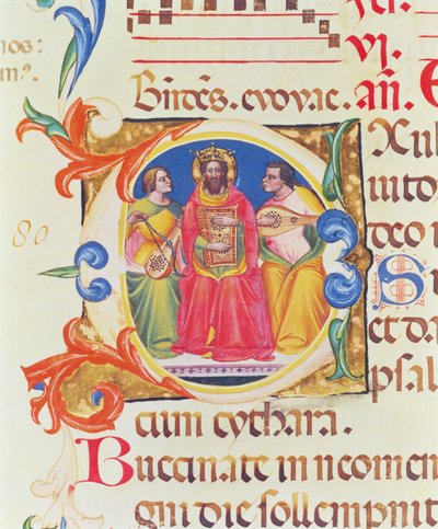 Ms. 559 f.155v Inicial historiada O que representa al Rey David y dos ángeles, del Salterio de Santa Maria Novella, iluminado por Paolo Soldini (fl.1342-86) 1379 de Italian School