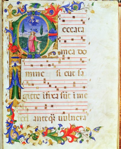 Ms 577 f.1 Inicial historiada "P" que representa una figura masculina en el desierto, del "Messale di Sant