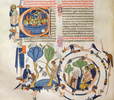 Ms 766 Cristo hablando con ángeles y escenas de la vida cotidiana medieval (agricultura, pesca y oración, miniaturas del Liber Quatuor Sententiarum (Libro de Sentencias) por Petrus Lombardus de Italian School