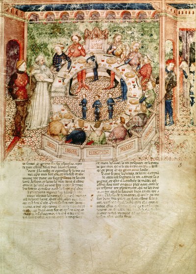 Ms Fr 343 fol.3 Sir Galahad es bienvenido a la Mesa Redonda, de la Queste del Saint Graal, c.1380-85 de Italian School