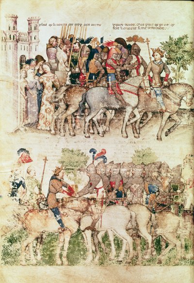 Arturo y sus caballeros partiendo en la búsqueda del Santo Grial, de la Queste del Saint Graal, c.1380-85 de Italian School