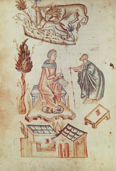 Ms Grec 36 f.187v Consulta médica al aire libre en la antigüedad, de una colección de textos científicos de Italian School