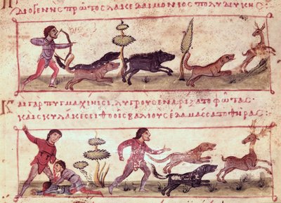 Ms Grec 479 Caza de ciervos, ilustración de la Cynegetica de Oppian de Italian School