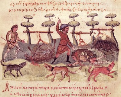 Ms Grec 479 Caza con redes, ilustración de la Cynegetica de Oppian de Italian School