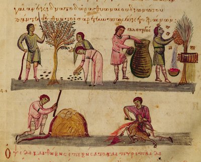 Trabajando en los campos, ilustración del Cynegetica de Oppian de Italian School