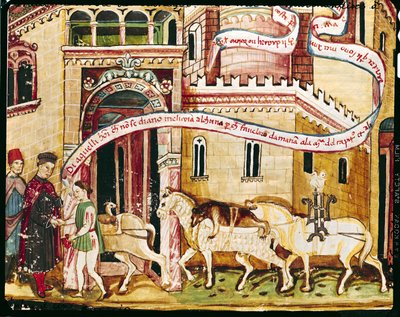 Ms H. V-5 Impuesto a los mercaderes que entran en una ciudad, del "Codice dei Privilegi" (vitela) de Italian School