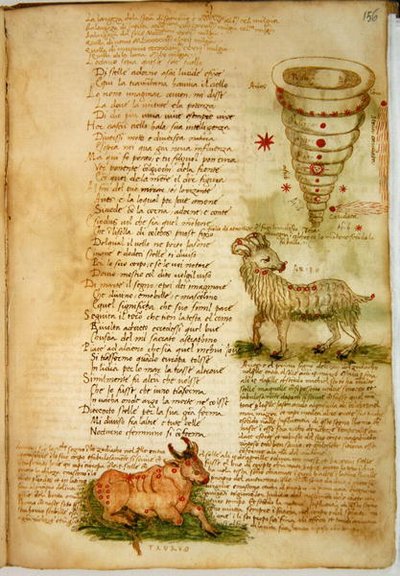 Ms Ital 483 P.4.7 f.156v Aries y Tauro, del "Dittamondo" de Fazio degli Uberti (vitela) de Italian School