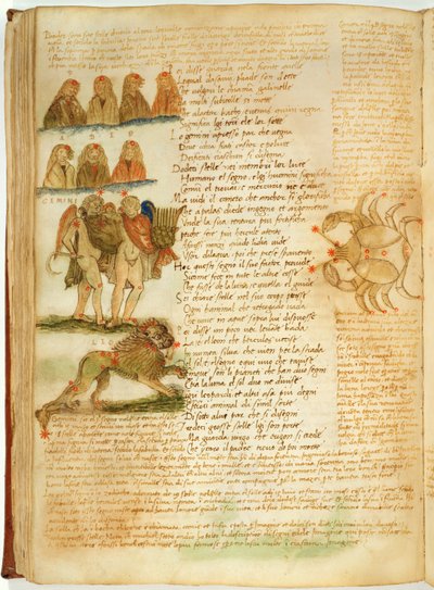 Ms Ital 483 P.4.7 f.156v Géminis, Leo y Cáncer, del "Dittamondo" de Fazio degli Uberti (vitela) de Italian School