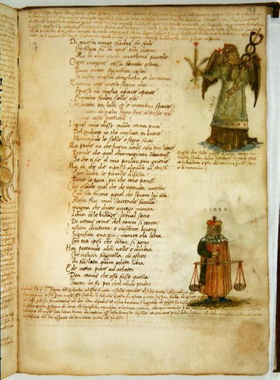 Ms Ital 483 P.4.7 f.157r Virgo y Libra, del "Dittamondo" de Fazio degli Uberti (vitela) de Italian School