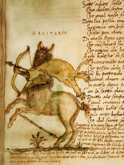 Ms Ital 483 P.4.7 f.157v Sagitario, del "Dittamondo" de Fazio degli Uberti (vitela) de Italian School