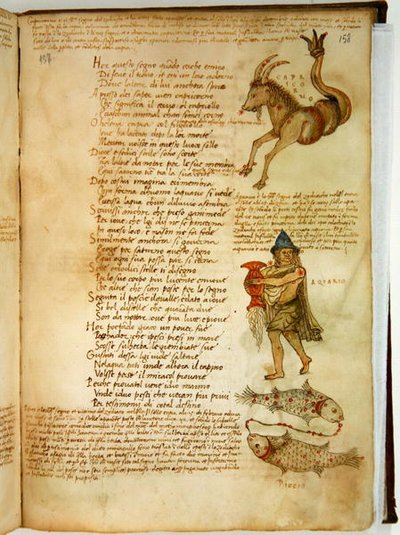 Ms Ital 483 P.4.7 f.158r Capricornio, Acuario y Piscis, del "Dittamondo" de Fazio degli Uberti (vitela) de Italian School
