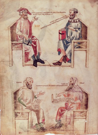 Hipócrates y Hunayn ibn Ishaq y Hipócrates y Claudio Galeno, de De Herbis por Manfredus de Monte Imperiali de Italian School