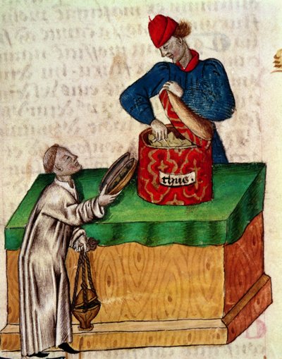 Ms Lat 993 fol.104r Vendedor de incienso, del "Tractatus de Herbis" de Dioscórides (vitela) de Italian School