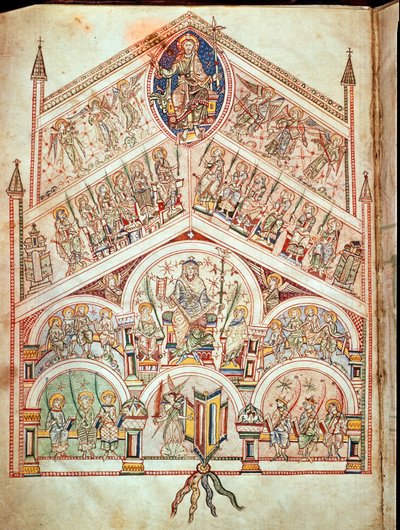 Ms. Plut.12.17 f.2v La Ciudad Celestial con Cristo entronizado, ilustración de la edición del texto original escrito por San Agustín de Hipona (354-430) en 413-426, del De Civitate Dei, (siglo XI-XII) de Italian School