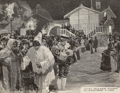 Quiosco de música para recaudar fondos para ciegos, máscara de Pulcinella, Carnaval en Nápoles, Italia, grabado de un dibujo de Matania, grabado por Gamberoni de L