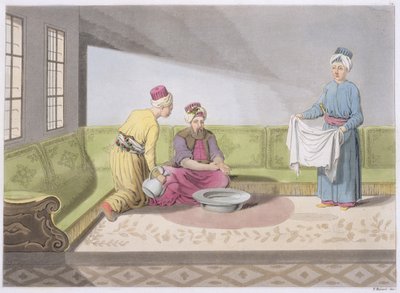 Musulmán Realizando sus Abluciones, lámina 34 de la Parte III, Volumen I de La Historia de las Naciones, grabado por V. Raineri (aguafuerte) de Italian School