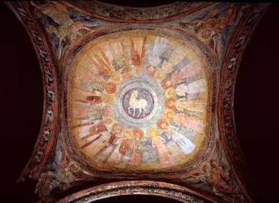 Cordero místico rodeado de santos y ángeles (fresco) de Italian School