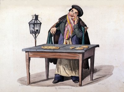 Nápoles, vendedor de pizza. Grabado de una pintura de F. Palizza. De una obra de Francesco de Bourcard “Costumi del regno di Napoli” de Italian School