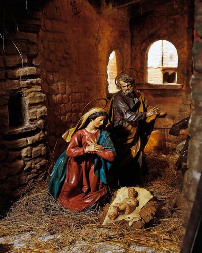 Natividad, escena de la natividad del santuario de Madonnetta, figurillas de madera, Génova, Liguria, Italia de Italian School