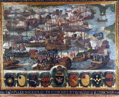 Batalla naval de Lepanto: Al tempo Niccolo di Cornelio Borghesi - pintura conservada en el Archivo Nacional, Siena de Italian School