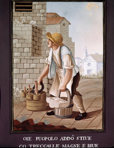 Pequeños oficios napolitanos: el vendedor ambulante de productos alimenticios (comerciante) - (Antiguo oficio: el comerciante itinerante) Acuarela del siglo XIX de Italian School