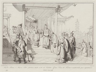 Nicolo Matteo y Marco Polo parten de la corte de Kublai Gran Kan de los tártaros occidentales para regresar a su patria de Italian School