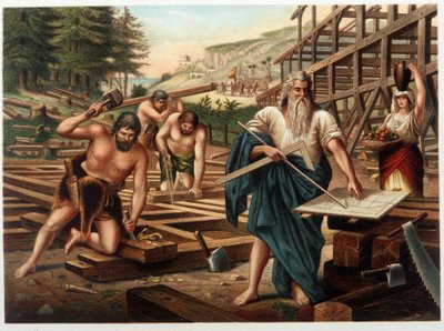 Noé y su familia construyendo el arca (Noé mirando el plan de construcción) en “Aurea Bibbia classica: historia de la revelación divina en el antiguo y nuevo testamento” por Giovanni Ladislao Sykora (vol. 1), traducido por Don Clemente Benetti (Biblia ital de Italian School