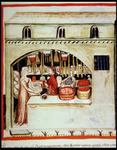 Nova 2644 f.46r Vendiendo arroz, del Tacuinum Sanitatis Codex Vindobonensis de Italian School