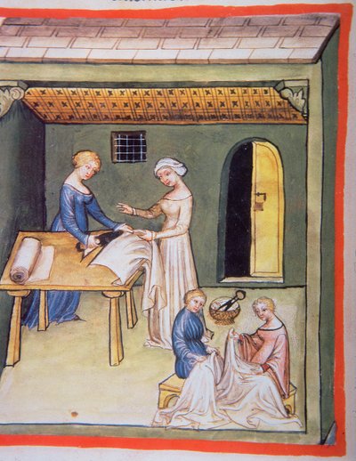 La tienda de los sastres: Ropa de lino, de Tacuinum Sanitatis de Italian School