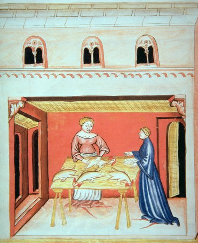 Los carniceros: Extrayendo testículos, de Tacuinum Sanitatis de Italian School