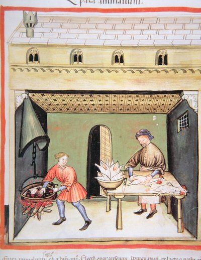 Los carniceros: Cocinando hígado, de Tacuinum Sanitatis de Italian School