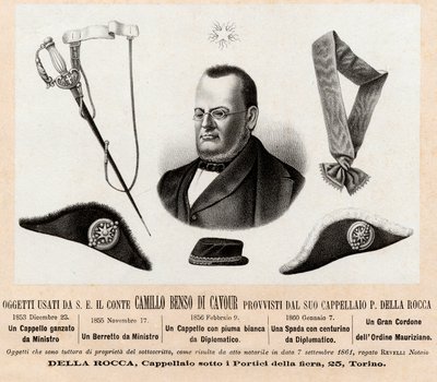 Objetos usados por Camillo Benso, conde de Cavour (1810-1861) - sombreros e insignias de sus funciones políticas y diplomáticas, con el gran cordón de la Orden de San Mauricio y San Lázaro - Grabado del siglo XIX de Italian School