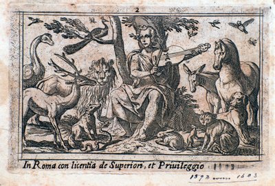 Orfeo tocando entre animales de Italian School
