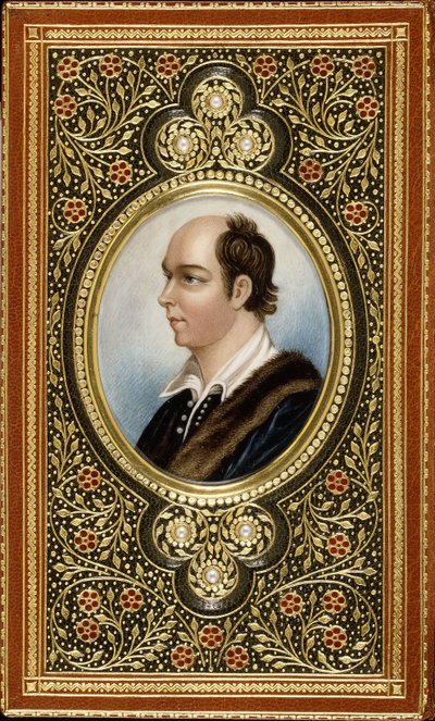 Retrato en miniatura ovalado de Oliver Goldsmith, enmarcado con tréboles dorados con tres perlas, 1831 de Italian School