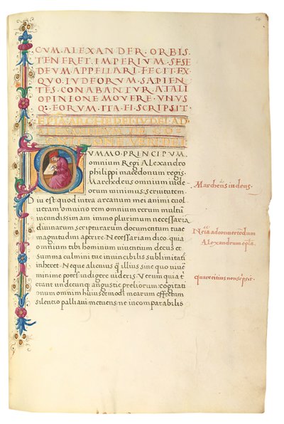 PSEUDO-ARISTOTLE, Secreta secretorum; "MARDOCHEUS IUDEUS", Epistola ad Alexandrum de cognitione veri dei; ADAM DE MONTALDO (fl. c.1450-1495), Divinitus prolata iudicia sive premonita; Quedam alia summatim posita iudicia, Roma, c.1490 (tinta y color sobre v de Italian School