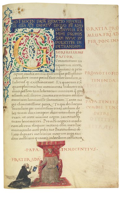 PSEUDO-ARISTOTLE, Secreta secretorum; "MARDOCHEUS IUDEUS", Epistola ad Alexandrum de cognitione veri dei; ADAM DE MONTALDO (fl. c.1450-1495), Divinitus prolata iudicia sive premonita; Quedam alia summatim posita iudicia, Roma, c.1490 (tinta y color sobre v de Italian School
