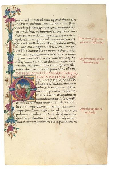 PSEUDO-ARISTOTLE, Secreta secretorum; "MARDOCHEUS IUDEUS", Epistola ad Alexandrum de cognitione veri dei; ADAM DE MONTALDO (fl. c.1450-1495), Divinitus prolata iudicia sive premonita; Quedam alia summatim posita iudicia, Roma, c.1490 (tinta y color sobre v de Italian School