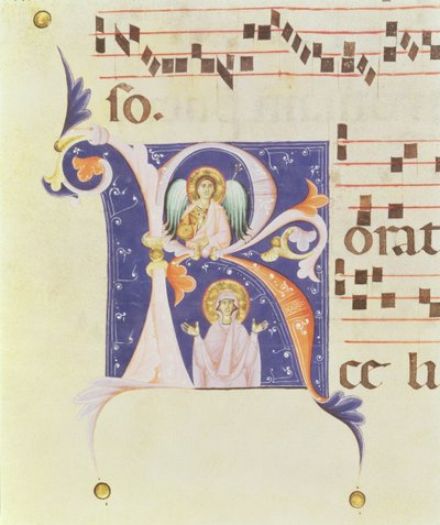 P 23 V Inicial historiada "R" que representa un ángel y una santa (vitela) de Italian School