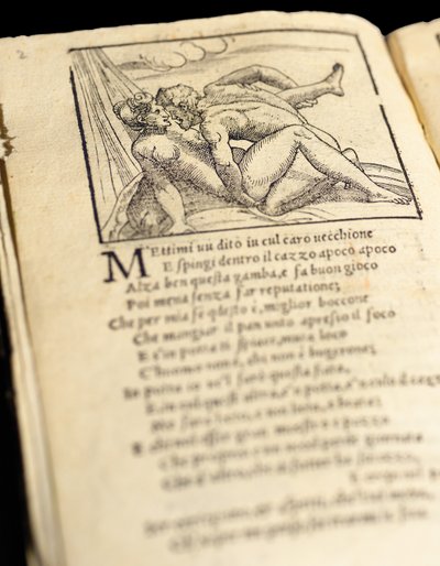 Página de "Sonetti Lussuriosi" por Pietro Aretino, ilustrado por Giulio Romano y grabado por Marcantonio Raimondi, publicado en Venecia, c.1527 de Italian School