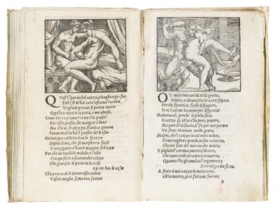 Página de "Sonetti Lussuriosi" de Pietro Aretino, ilustrada por Giulio Romano y grabada por Marcantonio Raimondi, publicada en Venecia, c.1527 de Italian School