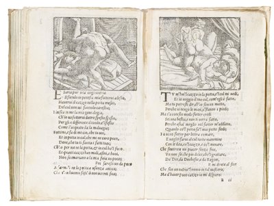 Página de "Sonetti Lussuriosi" de Pietro Aretino, ilustrada por Giulio Romano y grabada por Marcantonio Raimondi, publicada en Venecia, c.1527 de Italian School