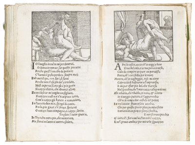 Página de "Sonetti Lussuriosi" de Pietro Aretino, ilustrada por Giulio Romano y grabada por Marcantonio Raimondi, publicada en Venecia, c.1527 de Italian School
