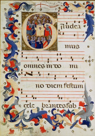 Página de notación musical con una inicial historiada G que representa un grupo de santos con Santa Úrsula en el medio, Escuela Boloñesa de Italian School