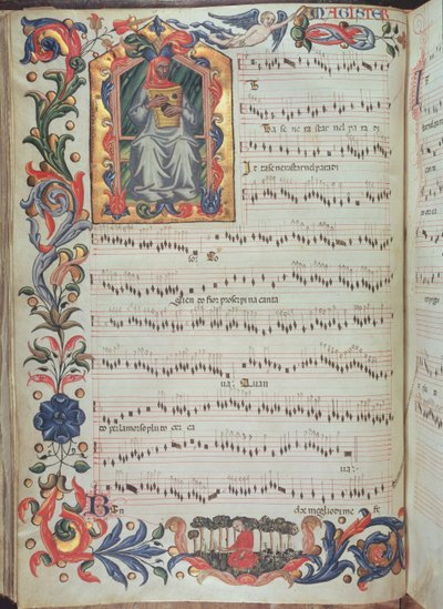 Página de notación musical con inicial historiada, del Códice Squarcialupi, producido en el monasterio florentino de S. Maria degli Angeli (vitela) de Italian School