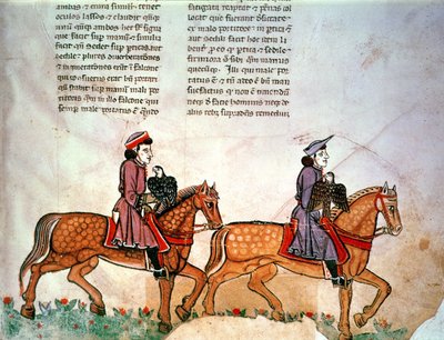 Federico II: Dos jinetes con halcones, de De Arte Venandi cum Avibus de Italian School
