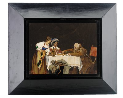 Panel que Representa a un Caballero y un Monje en una Mesa de Cena con una Dama Asistente, Menegatti, Florencia, Finales del Siglo XIX de Italian School