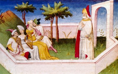Jardín del Paraíso, ilustración de "Los viajes de Marco Polo", de Rustichello da Pisa (temple sobre vitela) de Italian School